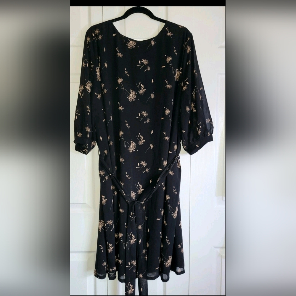 Black Floral Belted Dress Size 2X Sheer Lined Flowing Gardengirl Puffy Sleeve